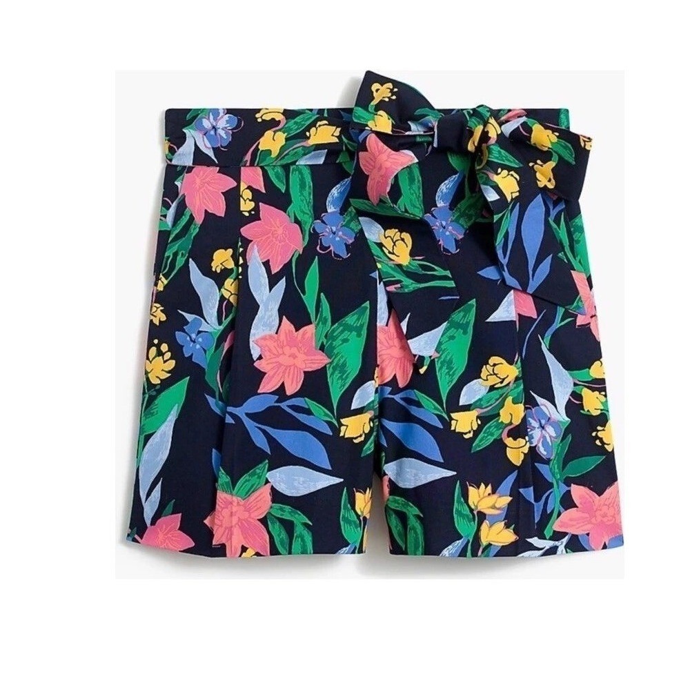 J.Crew Floral Tie-Waist Shorts Navy Blue Tropical Womens 12 NWT Pockets